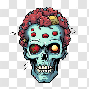Zombie Skull - Cartoon Zombie Skull With Exposed Brain Transparent PNG