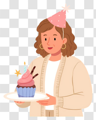 Woman Holding Birthday Cake - Woman With Party Hat Holding Cupcake Transparent PNG