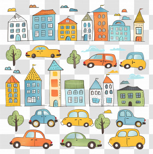 Cars In City - Cartoon-Style City Illustration With Cars And Buildings Transparent PNG
