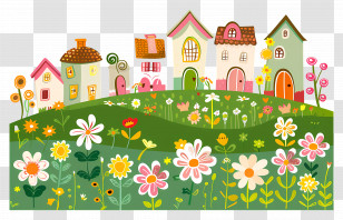 Country Village - Cartoon Village With Colorful Houses And Floral Garden Transparent PNG