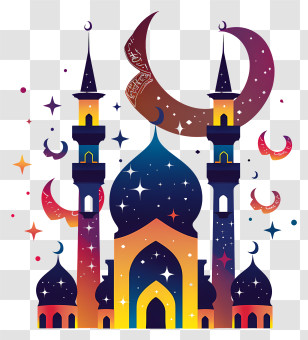 Eid Al Fitr - Colorful Mosque With Crescent Moon For Eid Concept Transparent PNG