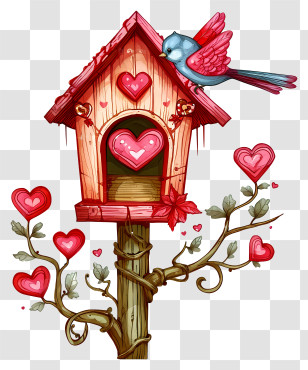 In The Style Of Romantic Illustration - Decorative Birdhouse With Hearts And Bird Transparent PNG