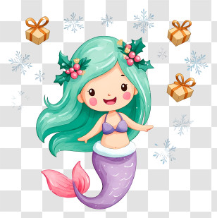 Mermaid Presenting Christmas Gift - Festive Mermaid With Winter Gifts Transparent PNG