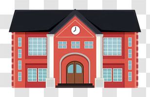 Cartoon School - Red School Building With Clock Design Transparent PNG