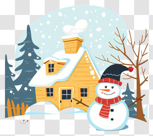 Winter House - Snow-Covered House With Snowman Scene Transparent PNG