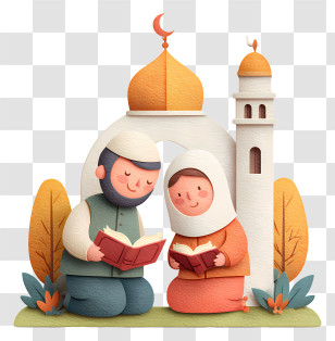 Muslim Couple Reading Al Quran - Praying Figures At Mosque Transparent PNG