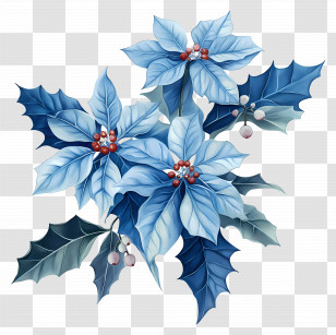 Blue Christmas - Blue Poinsettia With Holly Leaves Transparent PNG