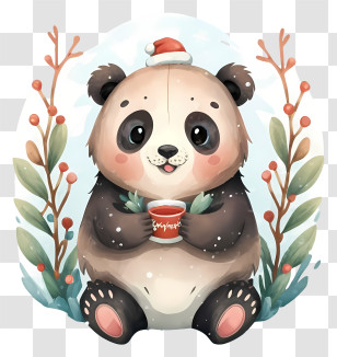 Panda Bear - Cute Panda With Santa Hat And Hot Drink Transparent PNG