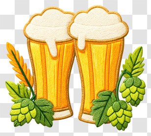 Frothy Beer Glasses - Beer Glasses With Hops For Oktoberfest Transparent PNG