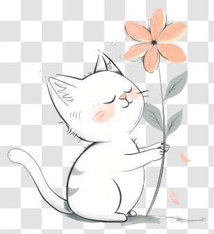 Cat Playing Flowers - Cute Cat Smelling Flower Illustration Transparent PNG