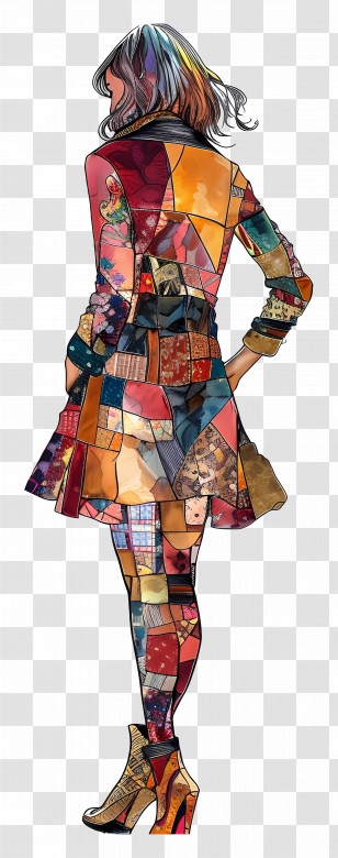 Fashion Woman - Colorful Patchwork Dress Illustration Transparent PNG