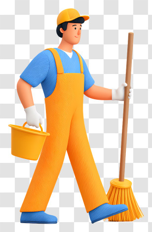 School Janitor Cleaning Floor - Cleaner With Broom And Bucket Transparent PNG