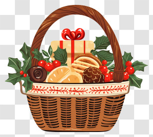 Wicker Basket - Holiday Gift Basket With Fruits And Holly Decorations Transparent PNG