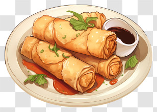 Sketch Style Spring Rolls - Crispy Spring Rolls With Sauce Transparent PNG