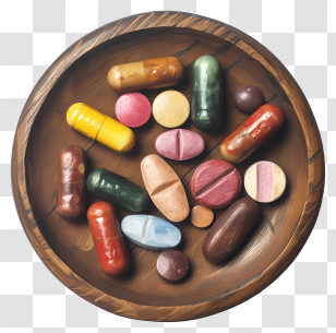 Medicine Tablet - Wooden Bowl With Colorful Pills Illustration Transparent PNG