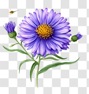 Realistic Elegant Aster Flower - Purple Daisy With Buds And Insect Illustration Transparent PNG