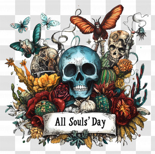 All Souls Day - Colorful Skull With Flowers And Butterflies Transparent PNG