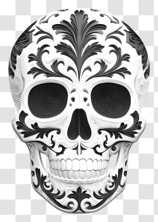 Black And White Sugar Skull - Decorative Black And White Skull Transparent PNG