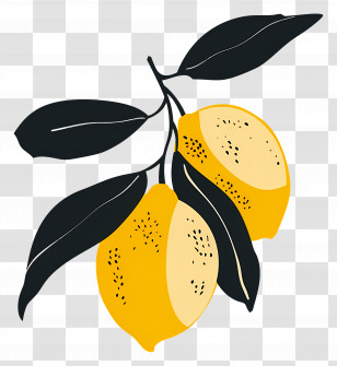Lemons - Yellow Lemon Illustration With Black Leaves Transparent PNG