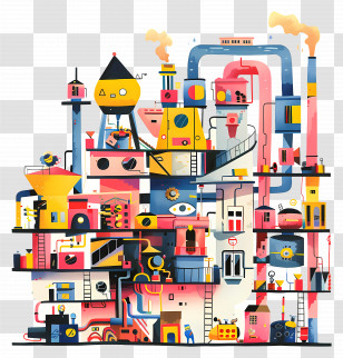 Colorful Factory - Colorful Factory With Machines And Pipes Transparent PNG