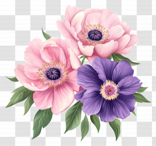 Pink Bouquet - Pink And Purple Anemones Illustration Transparent PNG