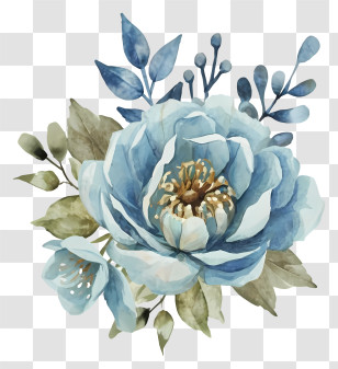 Watercolor Painting - Delicate Blue Flower And Leaves Illustration Transparent PNG