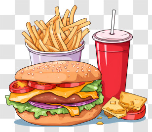 Fast Food - Burger Combo Meal With Fries And Soda Transparent PNG