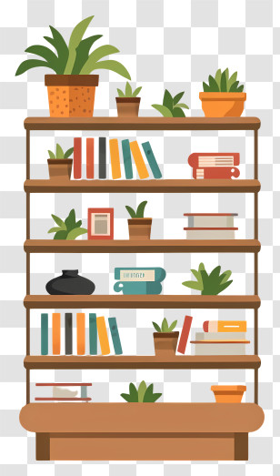 Bookcase - Bookshelf Decorated With Plants And Books Transparent PNG