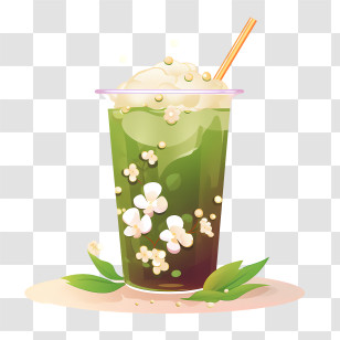 Matcha Bubble Tea - Green Tea Drink With Flowers And Bubbles Transparent PNG