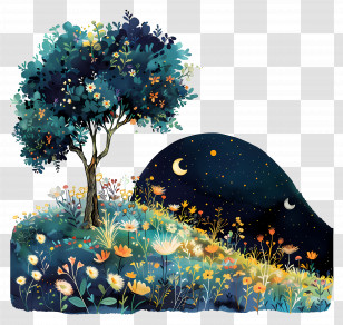 Summer Night - Tree And Flowers On A Starry Night Transparent PNG