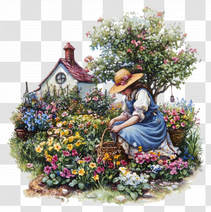Tend To Garden - Gardener Collecting Flowers In Garden Transparent PNG