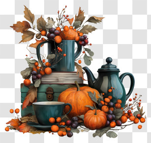 Still Life Of Fall - Autumn Tea Set With Pumpkins And Berries Transparent PNG