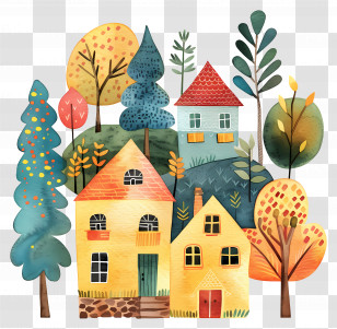 House - Watercolor Of Small Houses And Trees Transparent PNG