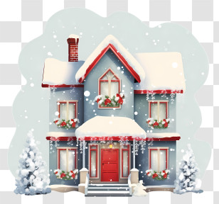 House With Red Front Door - Blue Snow-Covered House With Winter Decorations Transparent PNG