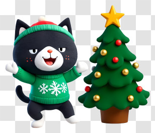 Cat Mascot Enjoying Christmas - Festive Cat With Christmas Tree Transparent PNG