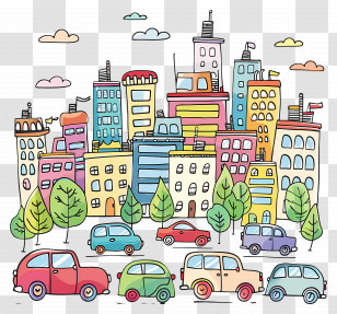 Cars In The City - Colorful Doodle City With Cars And Trees Transparent PNG