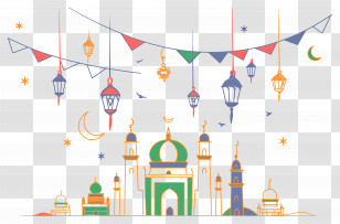 Eid Mubarak - Decorated Mosque With Ramadan Lanterns And Festive Banners Transparent PNG