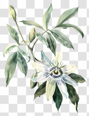 Vintage Flowers - Passion Flower And Leaves Illustration Transparent PNG