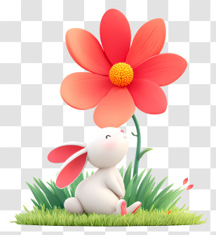 Bunny Gazing Up Flower - Sweet Bunny With Red Petal Flower Transparent PNG