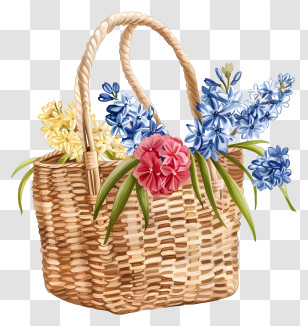 Seasonal Flowers - Decorative Wicker Basket With Colorful Flowers Transparent PNG