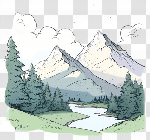 Mountain Landscape - Sketch Of Mountain And River Scenery Transparent PNG