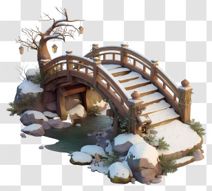 Snowy Bridge - Snowy Wooden Garden Bridge Transparent PNG