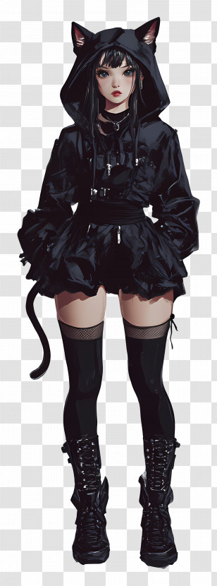 Cat Girl - Anime Girl With Cat Ears In Black Outfit Transparent PNG