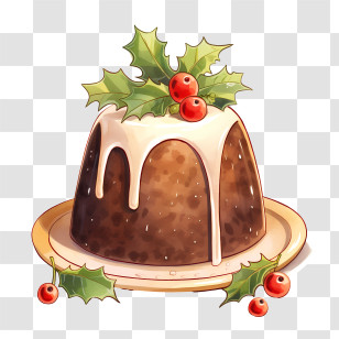 Dessert - Christmas Pudding With Decorative Holly Transparent PNG