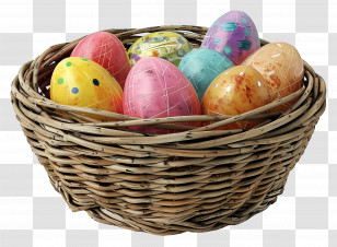 Eggs In Basket - Colorful Easter Eggs In A Basket Transparent PNG