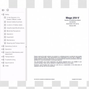 Daewoo Skid-steer Loader Doosan Product Manuals - Black And White - Excavator Transparent PNG