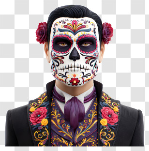 Sugar Skull Face Paint - Decorated Sugar Skull With Suit And Flowers Transparent PNG