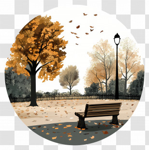 Autumn Nature - Serene Autumn Park With Bench And Falling Leaves Transparent PNG