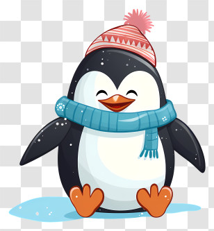 Penguin - Cartoon Penguin In Winter Hat And Scarf Transparent PNG