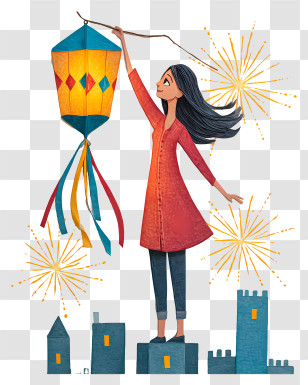 Woman Hanging Paper Lantern - Girl Reaching Lantern With Fireworks Transparent PNG